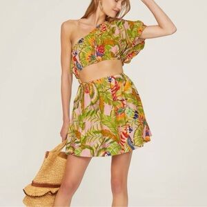 Farm Rio Macaw leaves one shoulder mini dress size Small